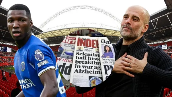 Moisés Caicedo y Pep Guardiola en Wembley (Foto tomada de: Sky Sports/Tripadvisar/Blue/Marca)