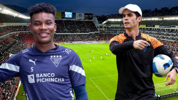Óscar Zambrano con Josep Alcácer en el Estadio Rodrigo Paz Delgado (Foto tomada de: Primicias/Liga de Quito)