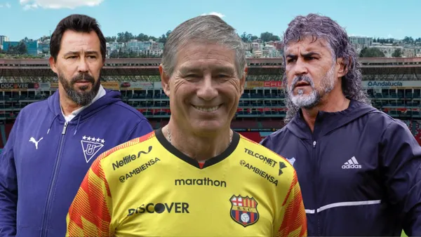 Pablo Sánchez, Ariel Holan y Leonel Álvarez (Foto tomada de: Liga de Quito/API/Emelec)