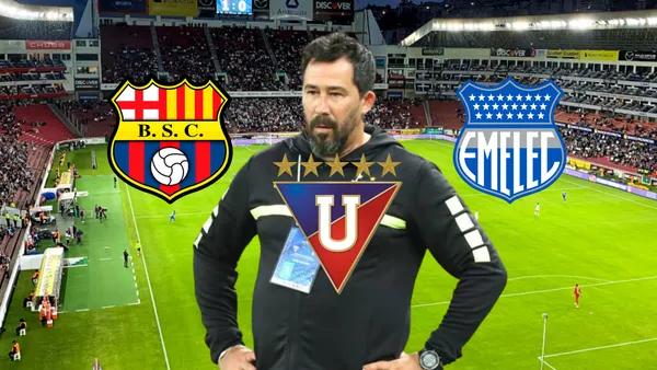 Pablo Sánchez, escudos de BSC, Emelec, LDU. Foto tomada de: Ecuavisa/LDU/Pes Logos