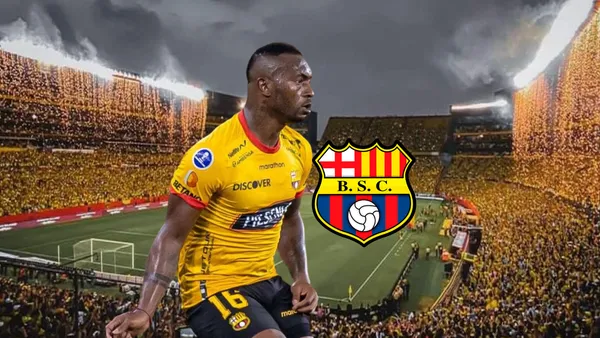 Pedro Perlaza jugando, escudo de Barcelona SC. Foto tomada de: ESPN/PESlogos