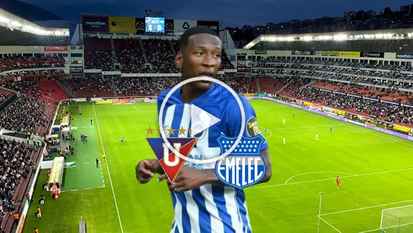 Pervis Estupiñán jugando, escudos de LDU y Emelec. Foto tomada de: Ecuavisa/PESLogos