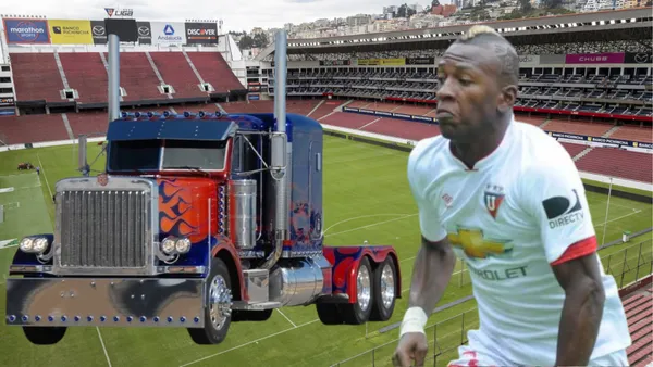 Pervis Estupiñán junto a un camión en el Estadio Rodrigo Paz (Foto tomada de: Primicias/El Universo/Wikipeida)