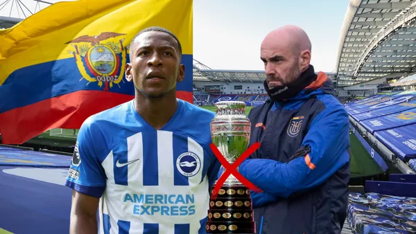 Pervis Estupiñán sorprendido, Felix Sánchez enojado, bandera Ecuador, trofeo Copa América. Foto tomada de: Brighton/La Tri