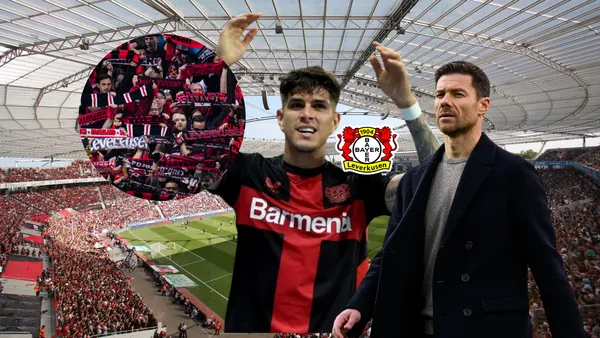 Piero Hincapié celebrando con la hinchada del Leverkusen. Foto tomada de: Bayer Leverkusen/90 Minutos/Afición Central