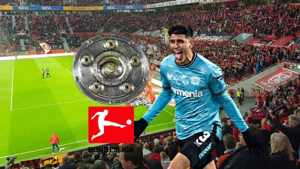 Piero Hincapié celebrando ganar la Bundesliga. Foto tomada de: The Stadium Guide/Bundesliga