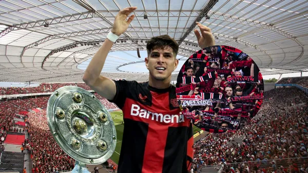 Piero Hincapié celebrando, trofeo Bundesliga. Foto tomada de: Bundesliga, Bayer Leverkusen