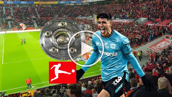 Piero Hincapié celebrando, trofeo de la Bundesliga. Foto tomada de: Bayer Leverkusen/Bundesliga