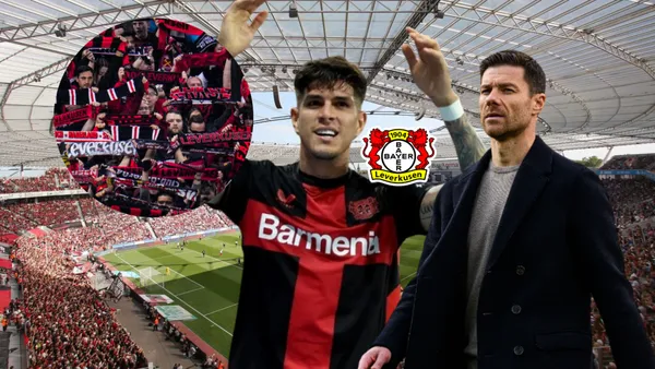 Piero Hincapié celebrando, Xabi Alonso dirigiendo y escudo Bayer Leverkusen. Foto tomada de: Bayer Leverkusen/PESLogos