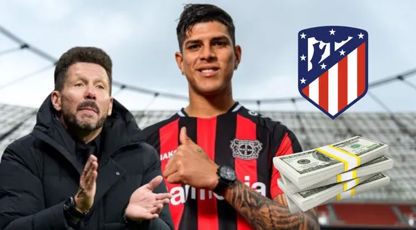 Piero Hincapié con la camiseta del Bayer Leverkusen, al lado Diego Simeone. FOTO: Primicias