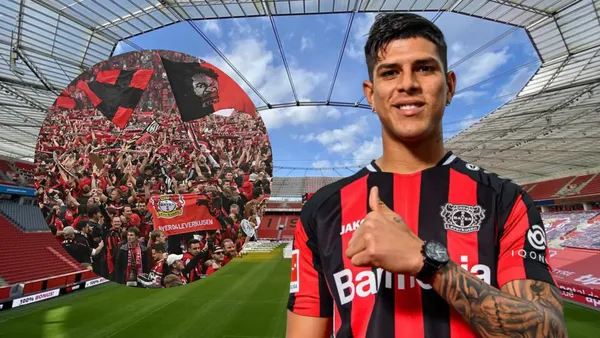 Piero Hincapié e hinchas del Bayer Leverkusen (Foto tomada de: Bayer Leverkusen/Piero Hincapié/Relevo)