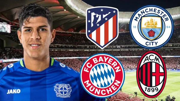 Piero Hincapié en el Wanda Metropolitano (Foto tomada de: El Cronista/Bayer Leverkusen/ESPN/Wikipedia)