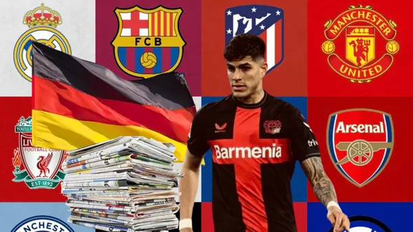 Piero Hincapié jugando, bandera Alemania, periódicos. Foto tomada de: Diario Correo/Bayer Leverkusen