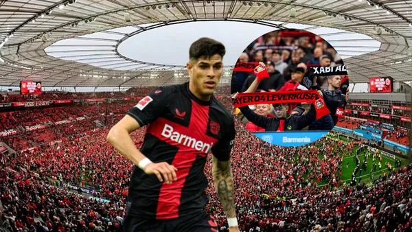 Piero Hincapié jugando, hinchada Bayer Leverkusen. Foto tomada de: Bayer Leverkusen