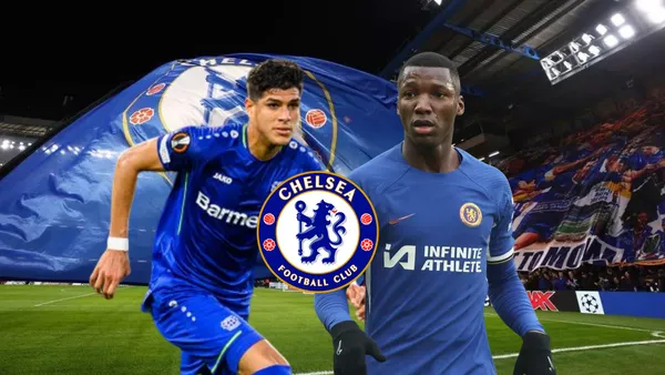 Piero Hincapié jugando, Moisés Caicedo atento. Foto tomada de: Football London/Chelsea/Bayer Leverkusen