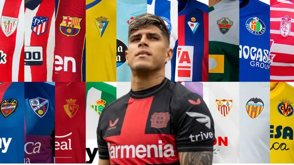 Piero Hincapié posando, equipos españoles fondo. Foto tomada de: Todo sobre Camisetas