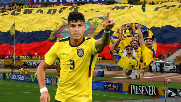 Piero Hincapié señalando, hinchas Ecuatorianos. Foto tomada de: Transfermarkt/La Tri