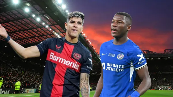 Piero Hincapié señalando, Moisés Caicedo viendo. Foto tomada de: Bayer Leverkusen/Chelsea