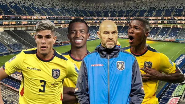 Piero Hincapié, Willian Pacho y Moisés Caicedo con Félix Sánchez Bas. Foto tomada de: ESPN/Transfermarkt/