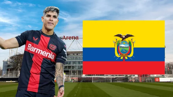 Piero Hincapié y la bandera de Ecuador en el BayArena (Foto tomada de: BayArena/El Universo/Wikipedia)