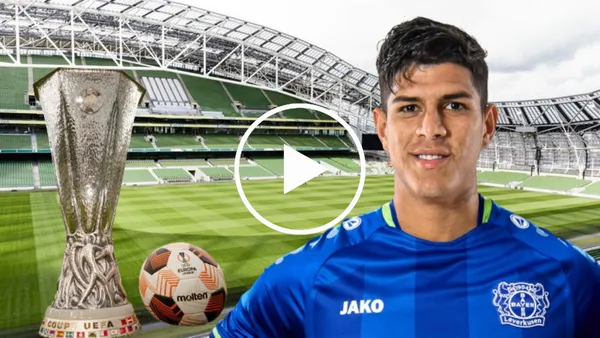 Piero Hincapié y la Europa League en el Estadio Aviva (Foto tomada de: Orona/Bayer Leverkusen/UEFA)