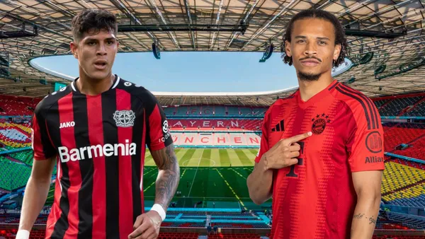 Piero Hincapié y Leroy Sané (Foto tomada de: Bayern Múnich/Bayer Leverkusen/UEFA)