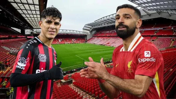 Piero Hincapié y Mohamed Salah (Foto tomada de: Liverpool/Bayer Leverkusen)