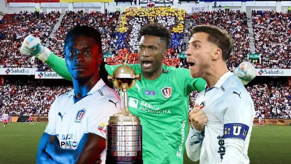 Ricardo Adé, Alexander Domínguez gritando, Ezequiel Piovi grito. Foto tomada de: Liga de Quito/Wikipedia