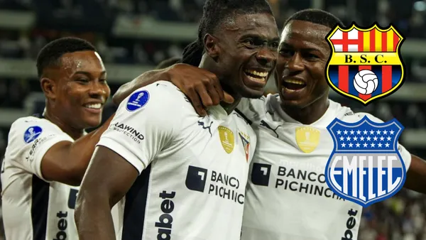 Ricardo Adé celebra junto a Lionel Quiñónez y Óscar Zambrano en el 3x0 de Liga de Quito ante Always Ready por Copa Sudamericana
