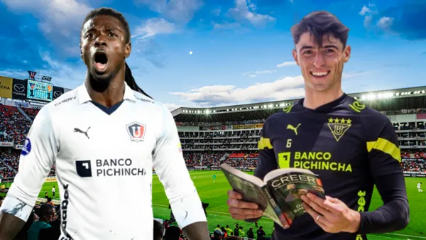 Ricardo Adé y Facundo Rodríguez en el Estadio Rodrigo Paz (Foto tomada de: Liga de Quito/Primicias/AFP)