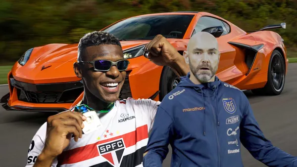 Robert Arboleda festejando, con su carro y Félix Sánchez sorprendido .Foto tomada de: El Universo/Motor1.com