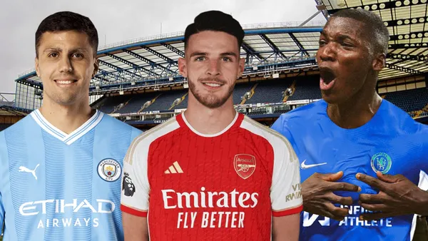 Rodri, Declan Rice y Moisés Caicedo en Stamford Bridge (Foto tomada de: Wikipedia/Marca/Manchester City/Arsenal)