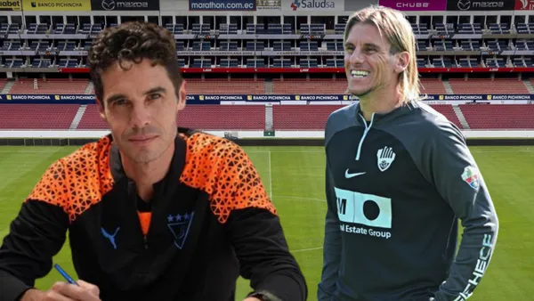 Sebastián Becaccece y Josep Alcácer en el Estadio Rodrigo Paz (Foto tomada de: Primicias/Liga de Quito/Elche)