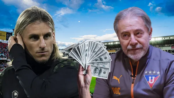 Sebastián Beccacece e Isaac Álvarez en el Estadio Rodrigo Paz (Foto tomada de: Liga de Quito/TYC Sports/La Red/Metro)