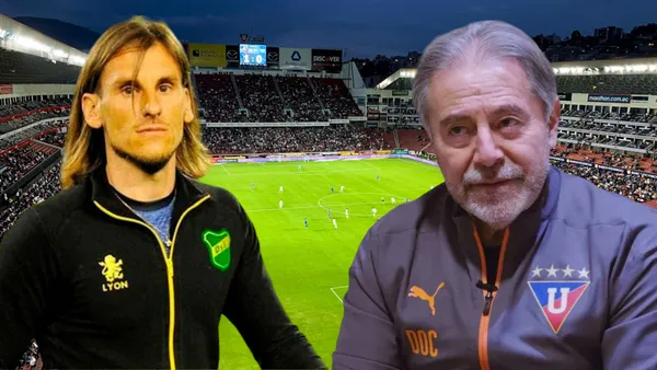 Sebastián Beccacece e Isaac Álvarez en el Estadio Rodrigo Paz (Foto tomada de: Primicias/La Red/El Canal del Fútbol)