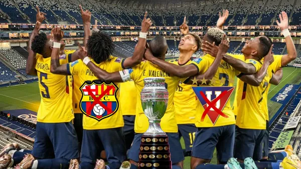 Selección de Ecuador festejo, Copa América, escudos BSC y LDU. Foto tomada de: La Tri