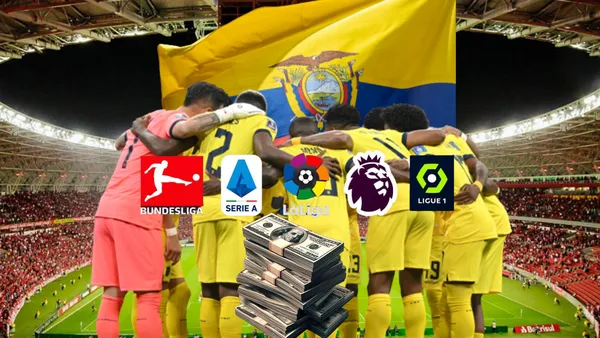 Selección Ecuador abrazada, badera Ecuador, dinero, Ligas de Europa. Foto tomada de: La Tri