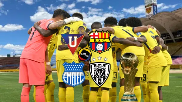 Selección Ecuador abrazados, escudos equipos LDU, BSC, IDV y Emelec, Copa del Mundo. Foto tomada de: La Tri/PES Logos