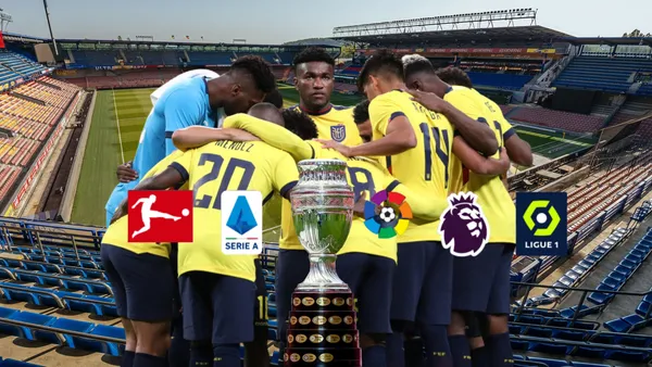 Selección Ecuador, trofeo Copa América, logos Ligas Europeas. Foto tomada de: La Tri