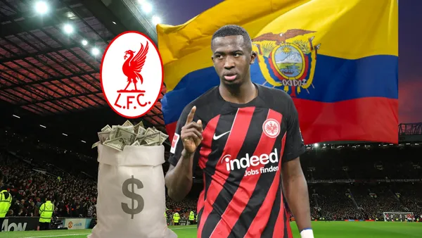 William Pacho jugando, escudo Liverpool, bandera Ecuador, dinero. Foto tomada de: Transfermarkt/PESLogos