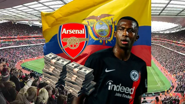 William Pacho sorprendido, bandera de Ecuador, escudo de Arsenal y dinero. Foto tomada de: DFDS/ESPN