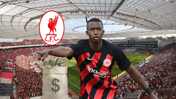 Willian Pacho señalando, dinero, escudo del Liverpool. Foto tomada de: PESLogos/Frankfurt