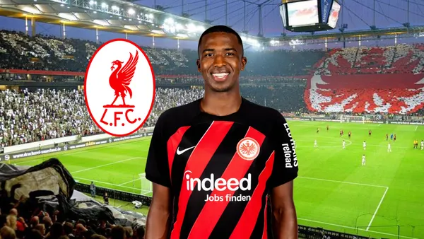 Willian Pacho sonriendo, escudo Liverpool. Foto tomada de: Eintracht Frankfurt/PESLogos