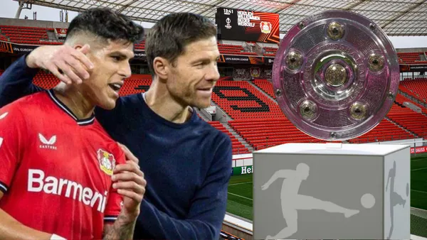 Xabi Alonso abrazando a Piero Hincapié junto a la Bundesliga en el BayArena (Foto tomada de: Bayer Leverkusen/El Mundo)