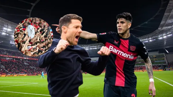 Xabi Alonso festejando con Piero Hincapié. Foto tomada de: Primicias/Bayer Leverkusen/VisionVenue