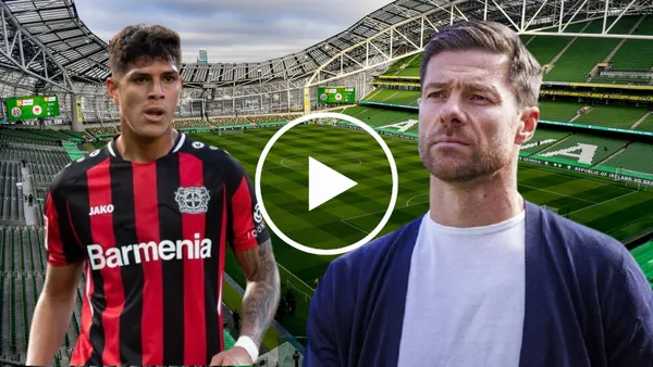 Xabi Alonso y Piero Hincapié en el Estadio Aviva (Foto tomada de: Newstalk/Bayer Leverkusen/Diez)