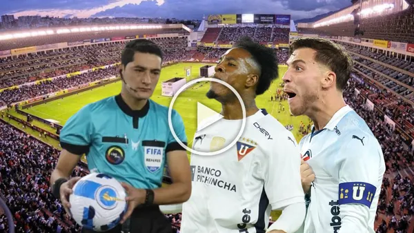 Yerson Zambrano árbitro, Jhojan Julio y Ezequiel Piovi reclamando. Foto tomada de: Liga de Quito