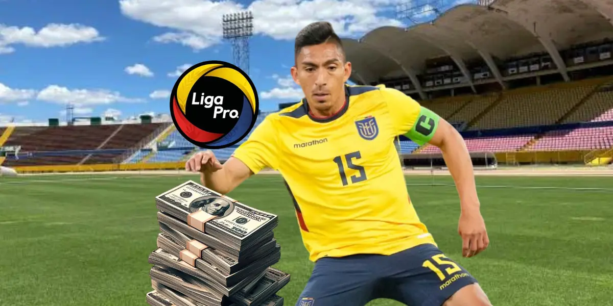 Ángel Mena jugando, dinero y escudo Liga Pro. Foto tomada de: ESPN