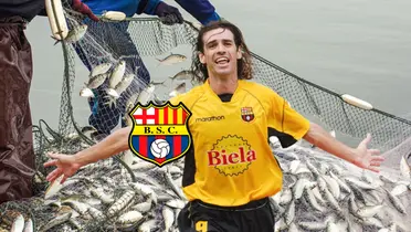 Ariel Graziani, escudo de Barcelona SC, fondo pesca. Foto tomada de: Pobrisa/Historia Barcelona SC