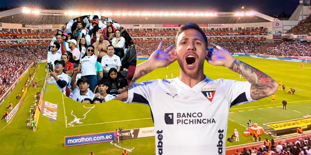 Ezequiel Piovi festejando el gol  con los hinchas de Liga de Quito